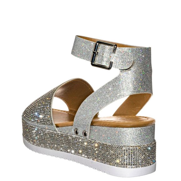 NEW Diamante Rhinestone Glitter Ankle Strap Platform Wedge Heel Sandals Open Toe - Picture 7 of 10
